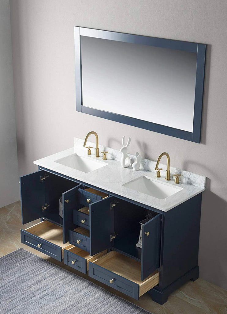 Rubeza 1500mm Charleston Vanity Unit with Carrara Marble Top - Dark Blue & Gold