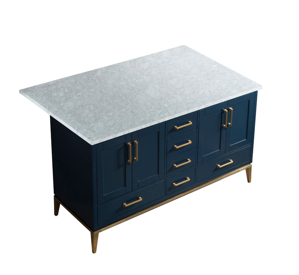 Rubeza Anatolia 1500mm Kitchen Island with Carrara Marble Top - Dark Blue & Gold