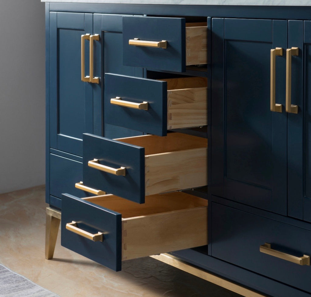 Rubeza Anatolia 1500mm Kitchen Island with Carrara Marble Top - Dark Blue & Gold