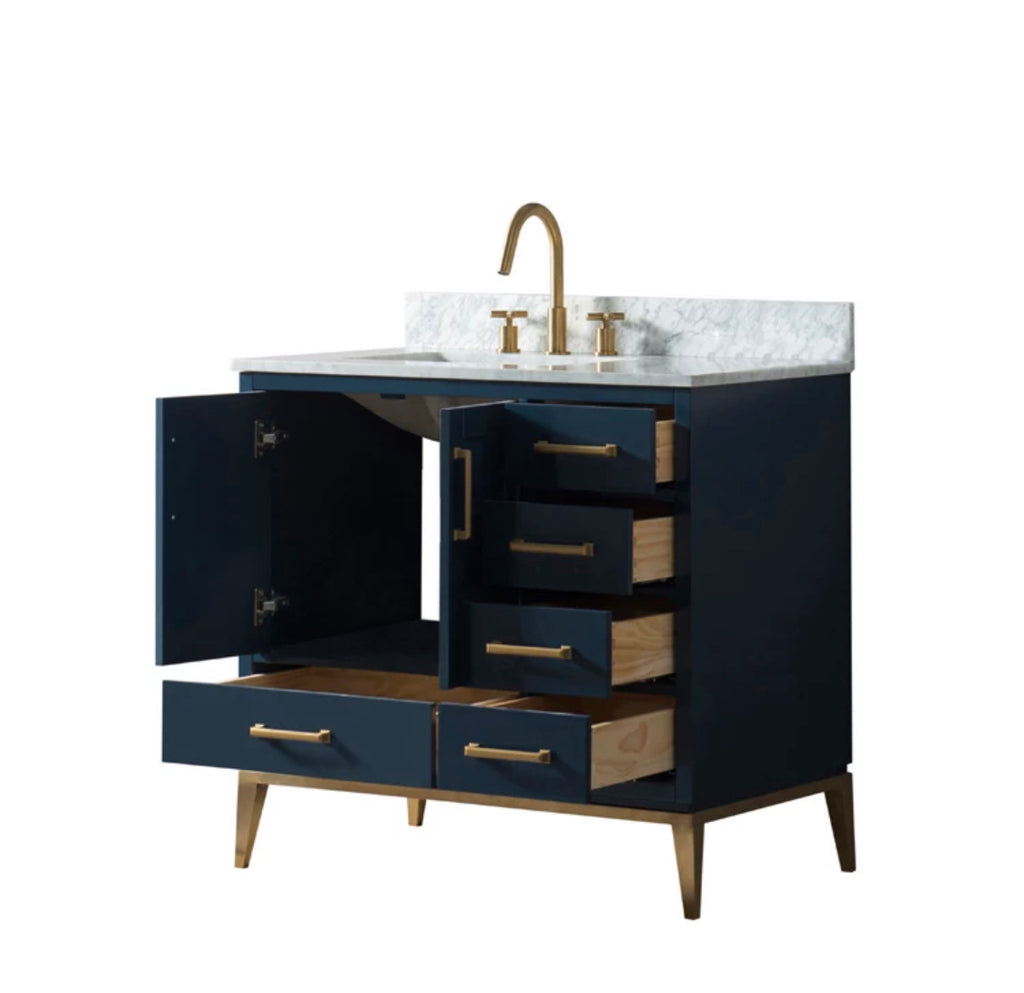 Rubeza 900mm Anatolia Vanity Unit with Carrara Marble Top - Dark Blue & Gold