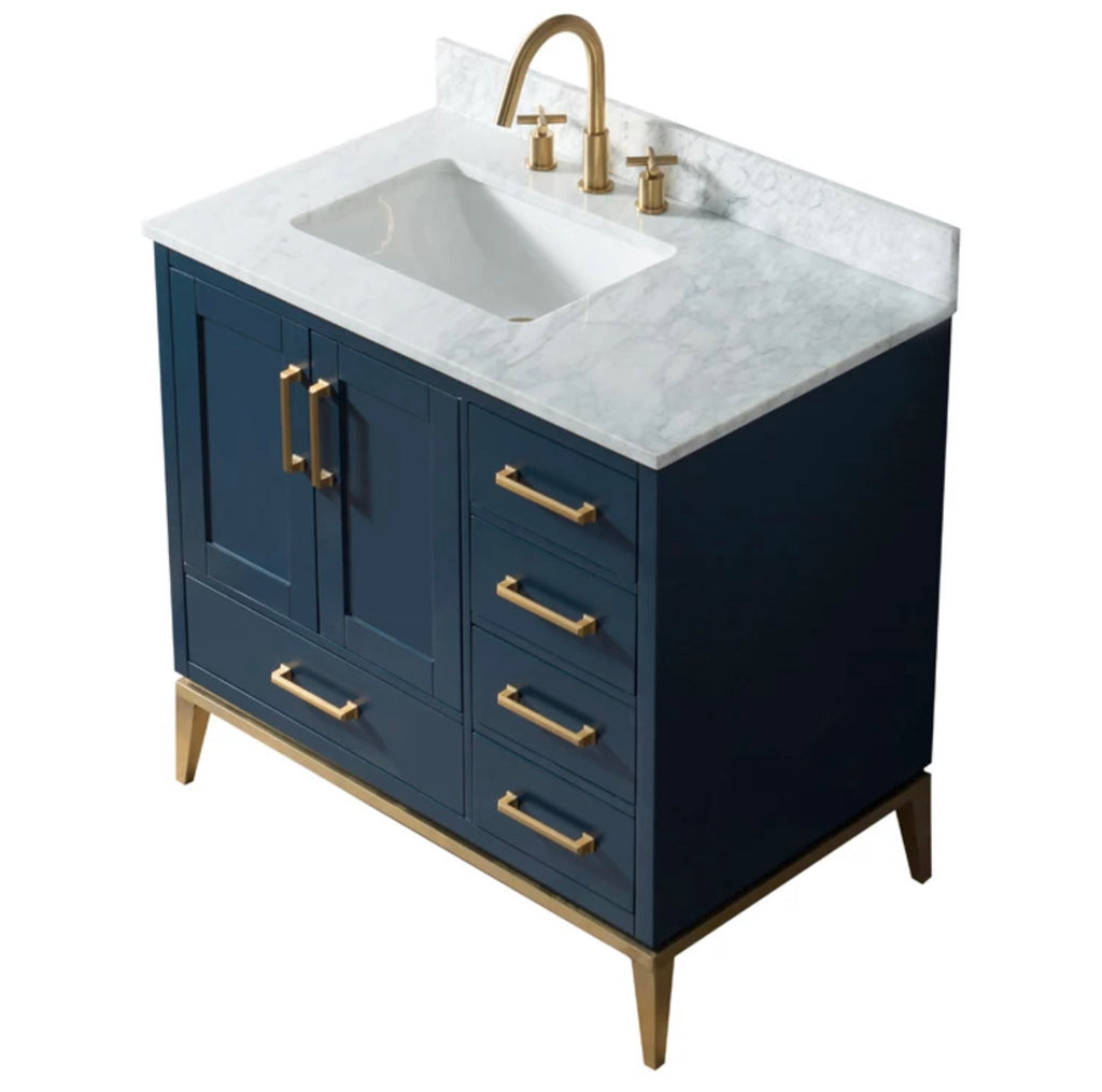 Rubeza 900mm Anatolia Vanity Unit with Carrara Marble Top - Dark Blue & Gold