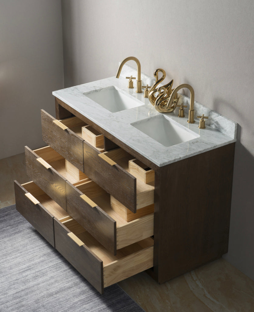 Rubeza 1200mm Keily Vanity Unit with Carrara Marble Top - Wood Veneer & Gold