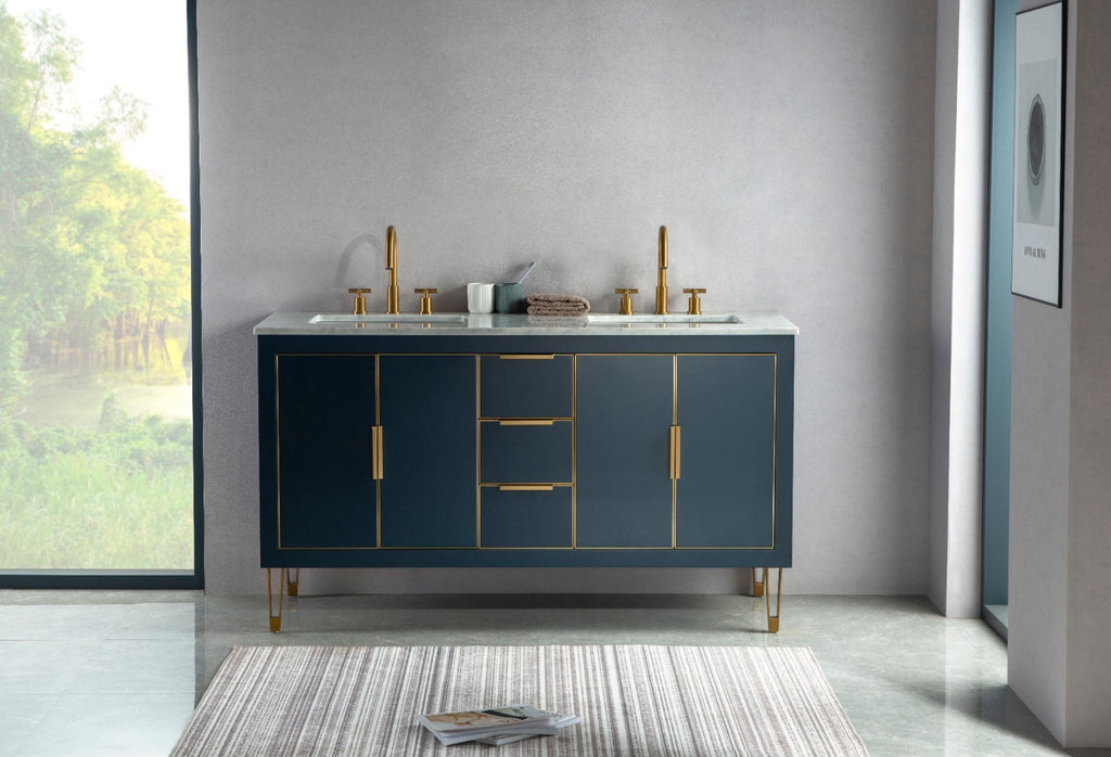 Rubeza 1500mm Dukes Vanity Unit with Carrara Marble Top - Dark Blue & Gold