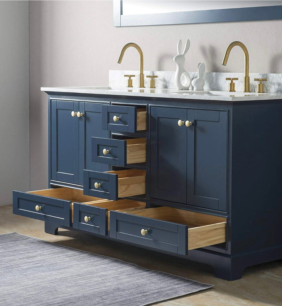 Rubeza 1500mm Charleston Vanity Unit with Carrara Marble Top - Dark Blue & Gold