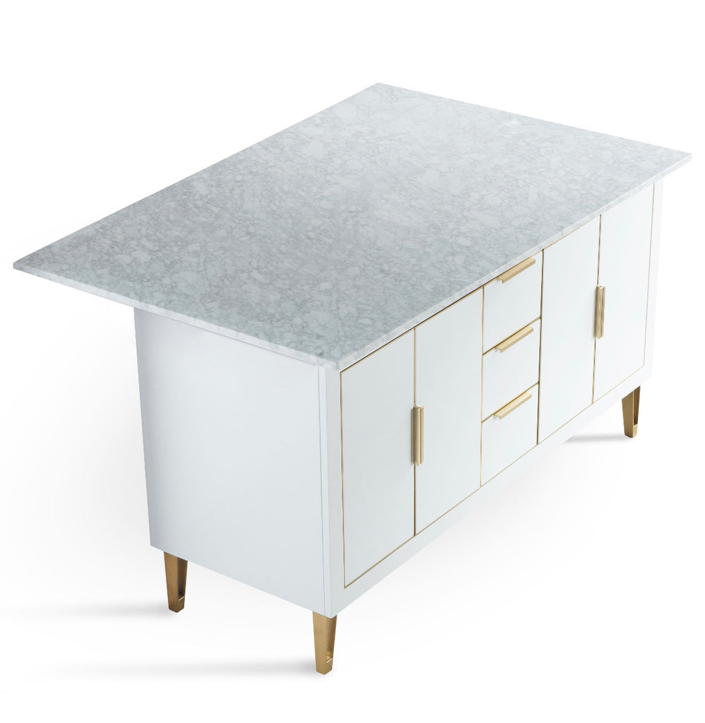 Rubeza 1500mm Dukes Kitchen Island with Carrara Marble Top - White & Gold