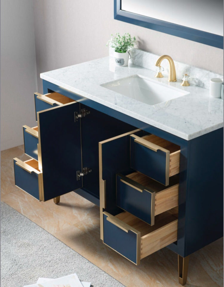 Rubeza 1200mm Dukes Vanity Unit with Carrara Marble Top - Dark Blue & Gold