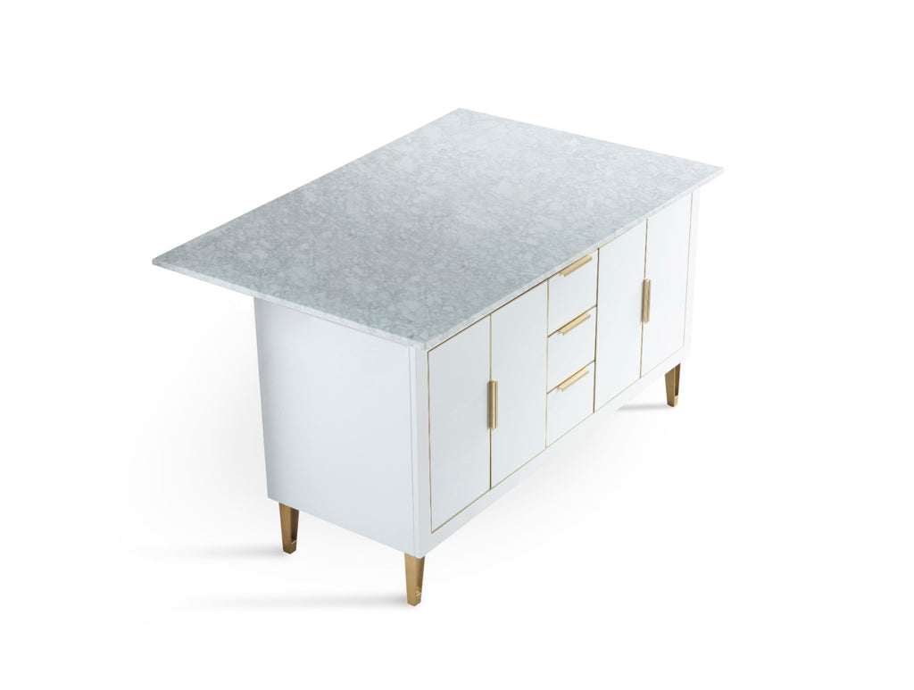 Rubeza 1500mm Dukes Kitchen Island with Carrara Marble Top - White & Gold