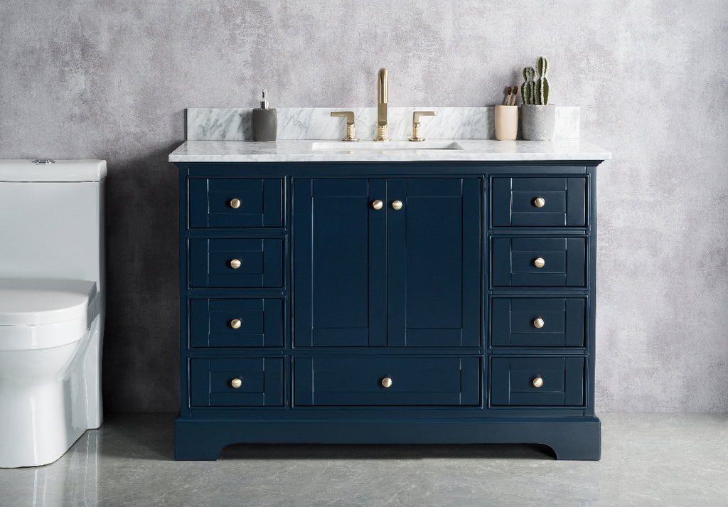 Rubeza 1200mm Charleston Vanity Unit with Carrara Marble Top - Dark Blue & Gold