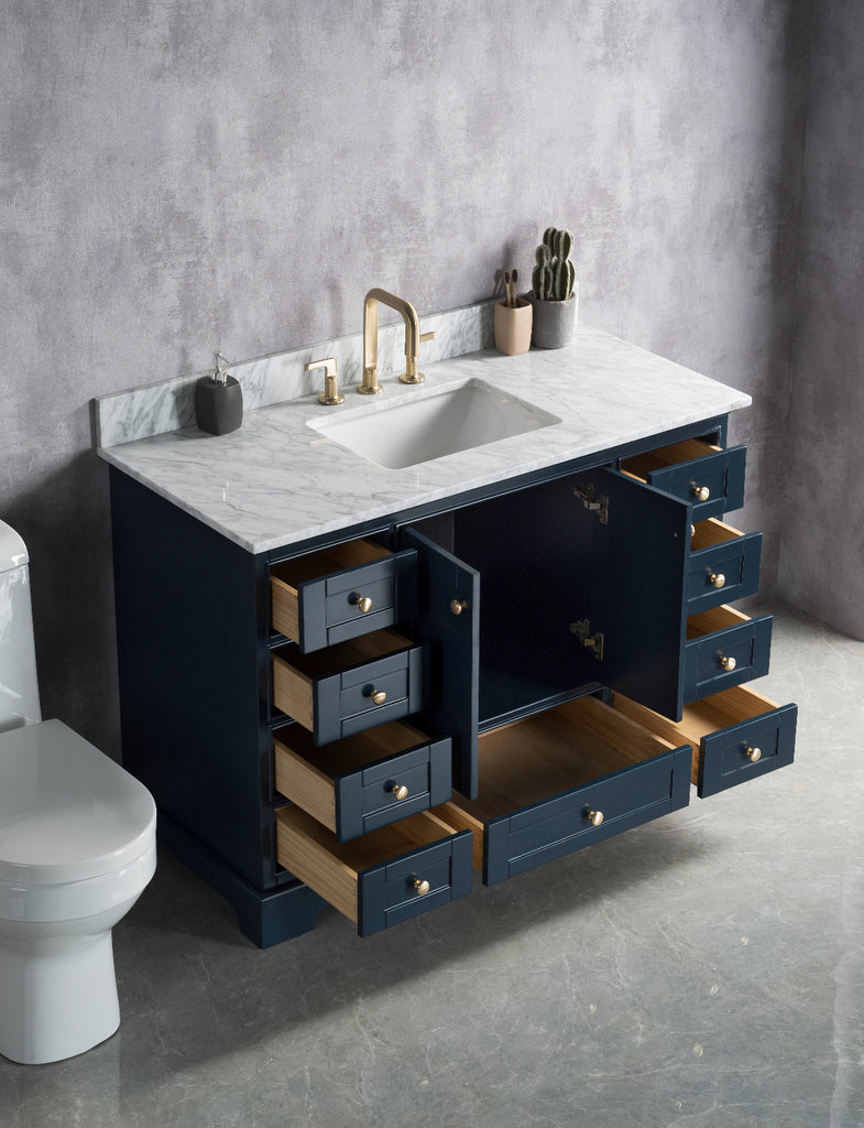 Rubeza 1200mm Charleston Vanity Unit with Carrara Marble Top - Dark Blue & Gold