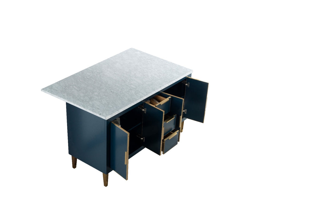 Rubeza 1500mm Dukes Kitchen Island with Carrara Marble Top - Dark Blue & Gold