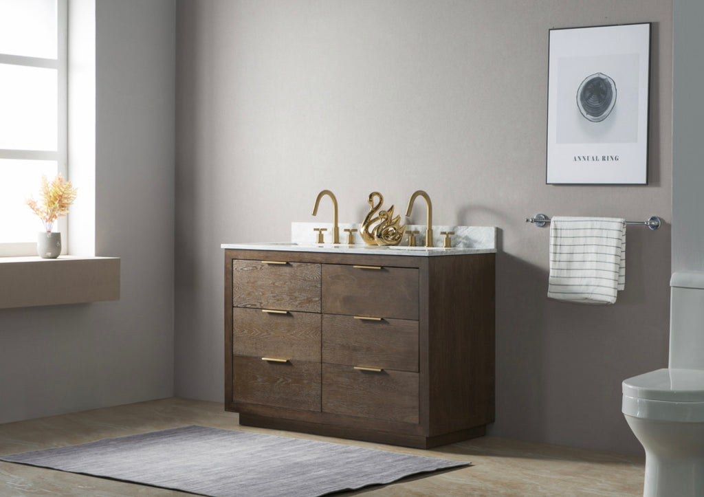 Rubeza 1200mm Keily Vanity Unit with Carrara Marble Top - Wood Veneer & Gold