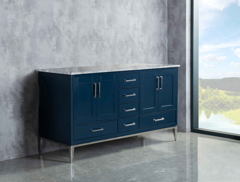 Rubeza 1500mm Anatolia Kitchen Island & Breakfast Bar with Carrara Marble Top - Dark Blue & Chrome