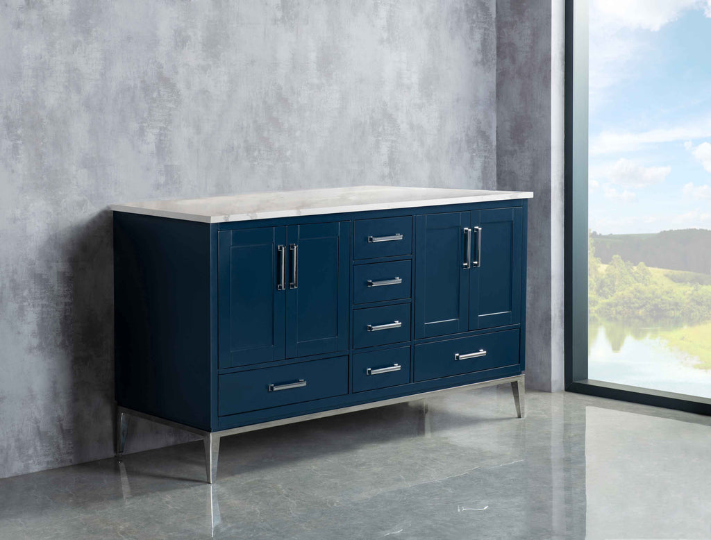 Rubeza 1500mm Anatolia Kitchen Island & Breakfast Bar with Calacatta Quartz Top - Dark Blue & Chrome