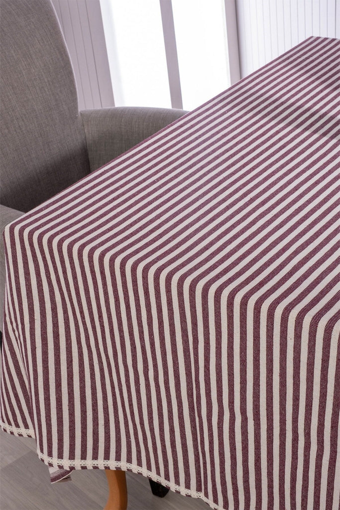 Lace Trim Linen Table Cloth - Striped Design
