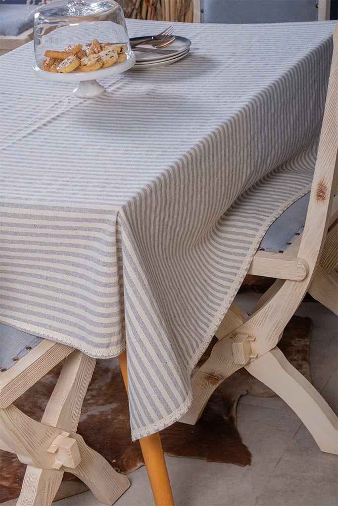 Lace Trim Linen Table Cloth - Striped Design