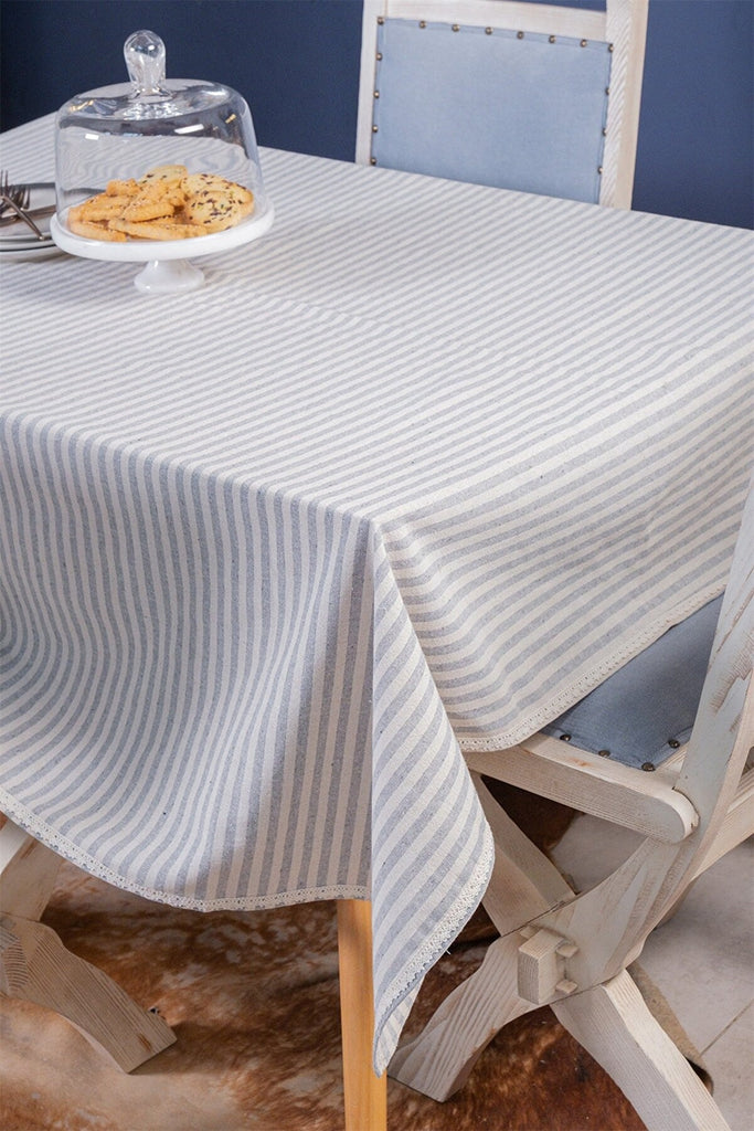 Lace Trim Linen Table Cloth - Striped Design