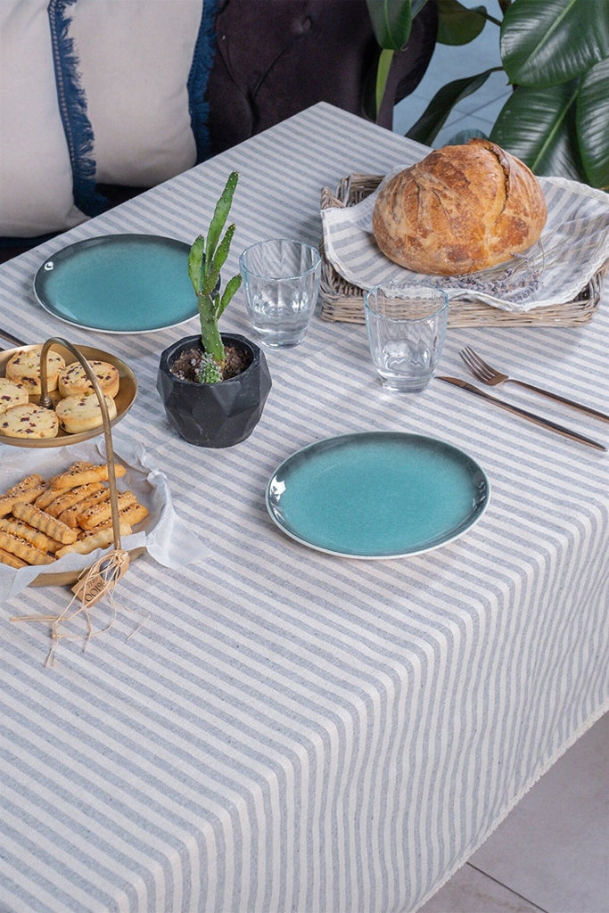 Lace Trim Linen Table Cloth - Striped Design