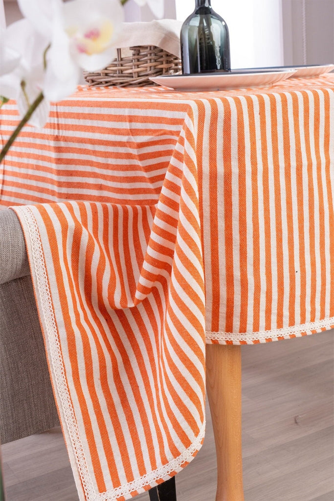 Lace Trim Linen Table Cloth - Striped Design