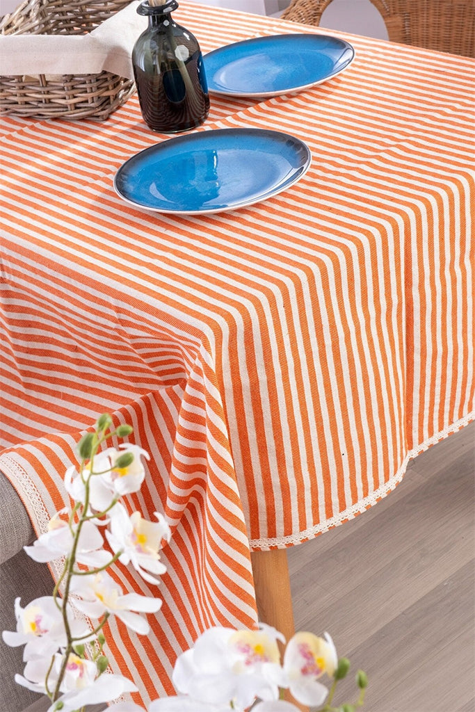 Lace Trim Linen Table Cloth - Striped Design