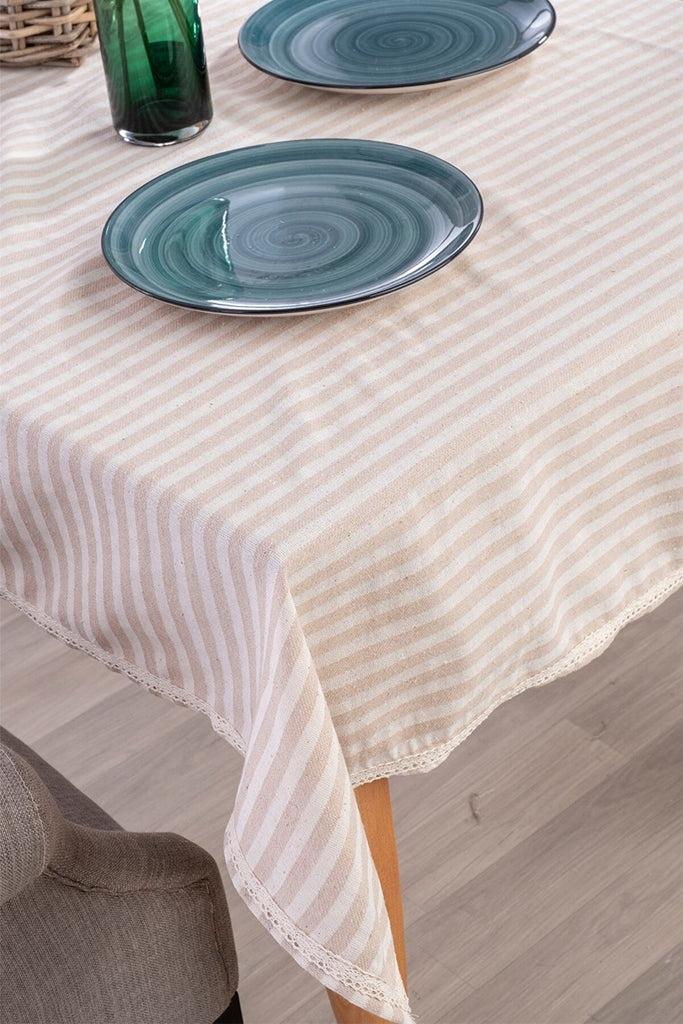 Lace Trim Linen Table Cloth - Striped Design